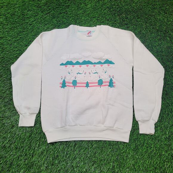 VTG 80s Jerzees Colorado Teddy Bear Sweatshirt Unisex S Puff Print USA - Picture 1 of 7